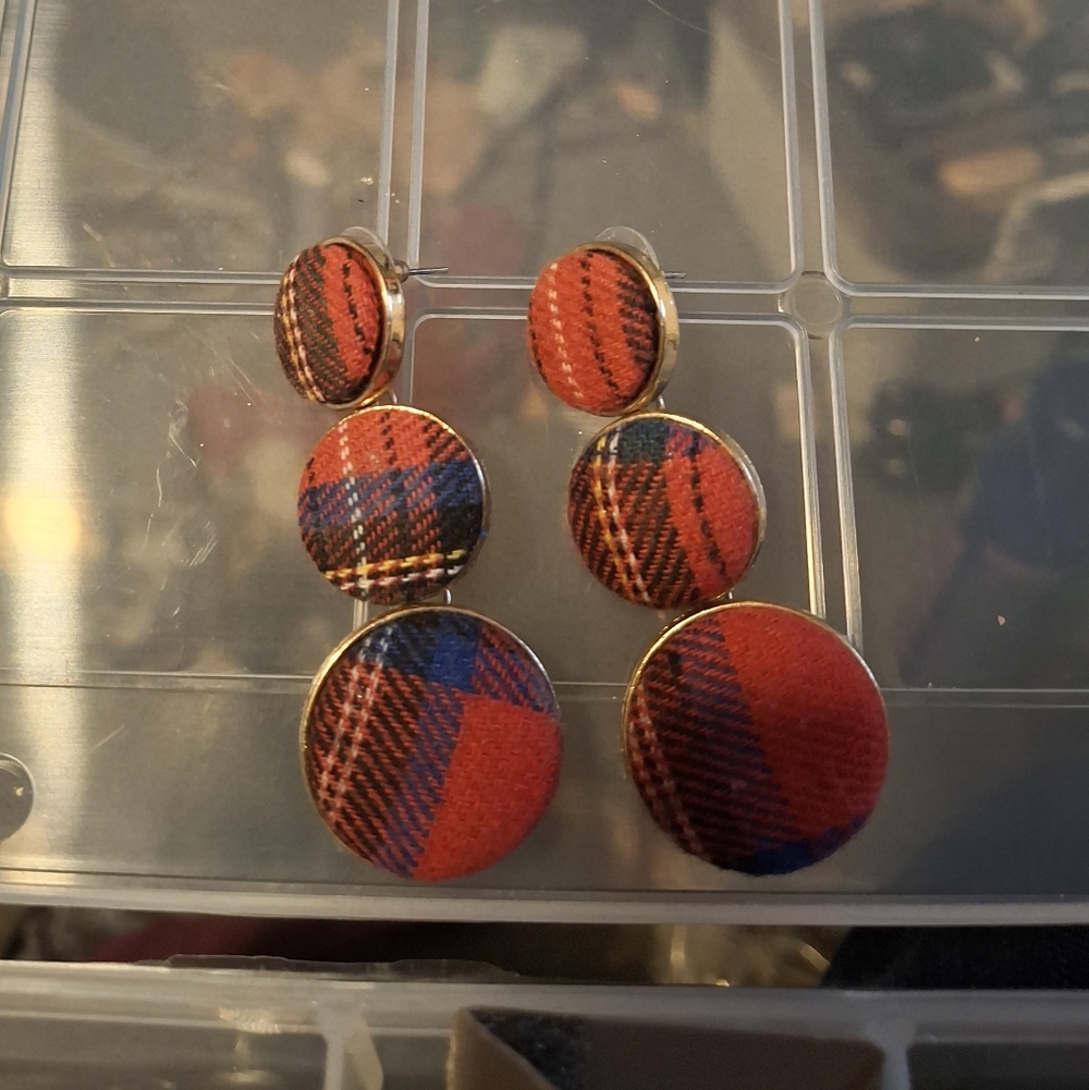 Plaid Red Fabric Drop Earrings - Unbranded